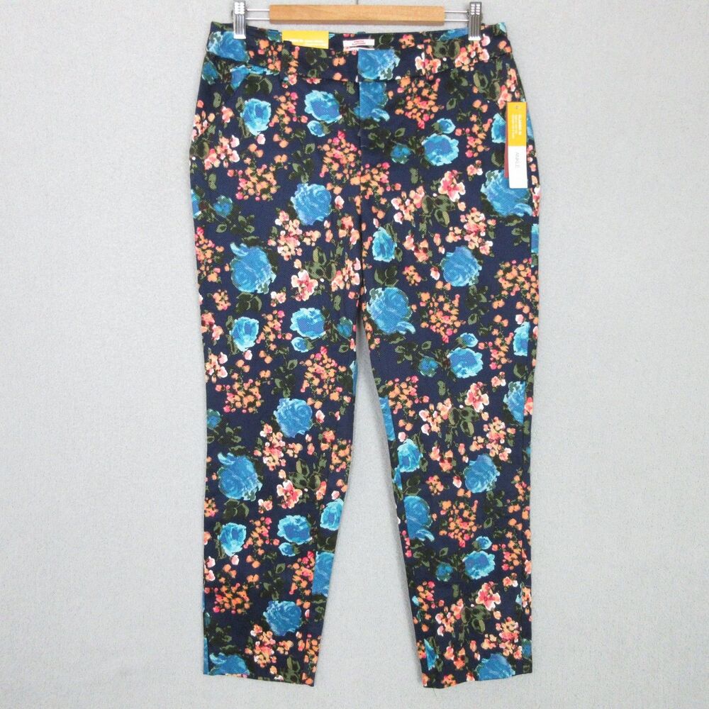 Merona Pants Womens 10 Navy Floral Ankle Stretch Classic Fit Higher Mid Rise